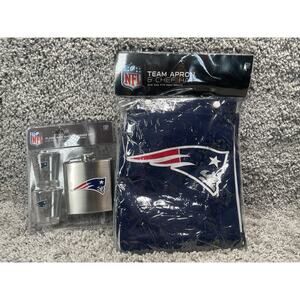 NFL New England Patriots Apron & Chef Hat 2pc Flask Shot Glasses Bundle New